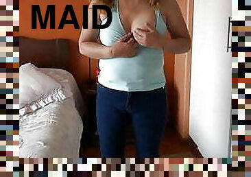 Our beautiful excited maid shows off, she asks me to fuck