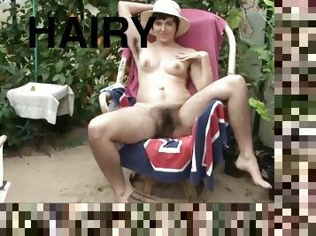 young hairy pussy, hairy ass, hairy pits gets off outdoors