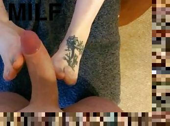 Sexy footjob end with cum all over her pretty little feet