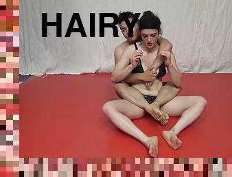 Hairy FBB gets sweaty while dominating guy in mixed wrestling