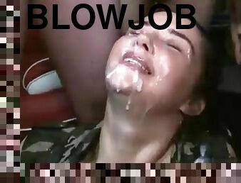 Cum slut gets face covered in cum after giving multiple blowjobs