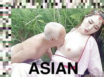 asiatisk, gammel, pussy, kyssing, eldre-older, kineser
