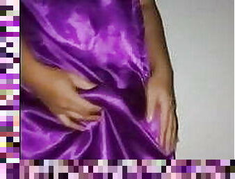 Cum with shiny satin purple dress