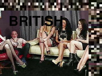 British CFNM babes group tugging their sub