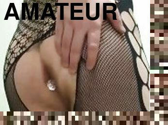 cul, masturbation, amateur, anal, énorme-bite, jouet, résille, bout-a-bout, solo, putain