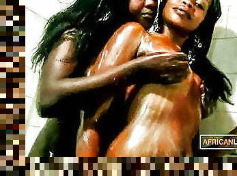Passionate Black Lesbians Kissing In Shower