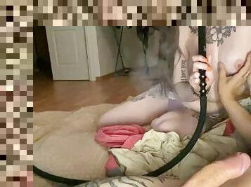 babe smokes hookah and gives blowjob