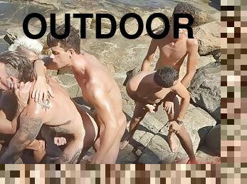 orgie, en-plein-air, public, énorme-bite, gay, pornstar, gangbang, sexe-de-groupe, plage, brésil