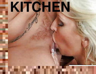 Kitchen lesbians make each other cum all over the counter!