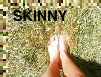 Urban Skinny Hippy Walks Bare Feet on the Hay in a Village - Tik Tok Abella Love