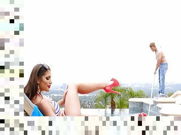 Trophy Wife Teases The Pool Boy: August Ames Enjoys A Tan And A Big Dick