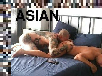 asien, papa, beule-schuss, homosexuell, pornsterne, oral, vati, muskulös, tattoo