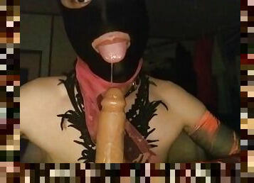 Masked male sucking dildo sloppy and nipple play