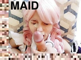 Filled with sperm on the face of a cute maid