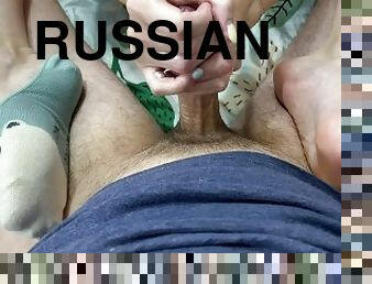 Russian Schoolgirl Handjob in socks hairy Cock in violet panties and Rainbow manicure