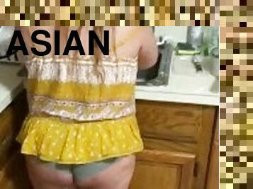 Spying on my Asian stepmom in her booty shorts while she washes dishes