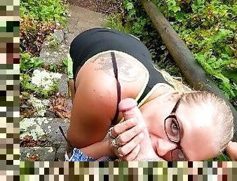 Blowjob outdoors in public hiking trail! Cum in mouth POV