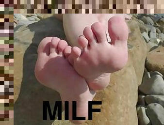 amateur, milf, plage, pieds, solo, maîtresse, jambes, taquinerie, orteils