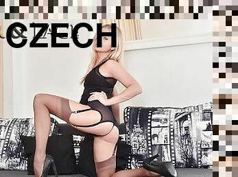 Czech Blonde Cayla Lyons Enjoys Pussy While Wearing Stockings, Suspenders And Heels