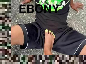 Ebony Domme Ballbusting In Public On Her Foot Fetish Slave - POV