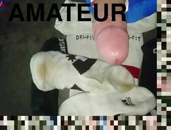 Cumshot on sweaty white Jordan Socks with FOX MX gloves