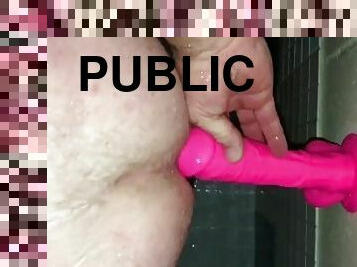 Got a moment to myself in this public shower to fuck my ass (ATM) with a big wall suction dildo