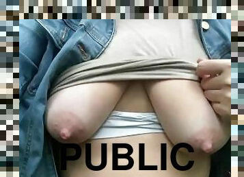 Public flashing slut wife Nipple pull & played with huge saggy tits. Flashing huge BOOBS big nipples