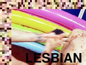 Lesbians With Big Boobs Play In An Inflatable Pool