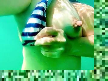 Nude swimming public beach underwater, big natural boobs and big nipples