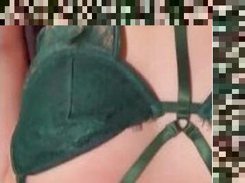 Petite redhead gets fucked in green lingerie