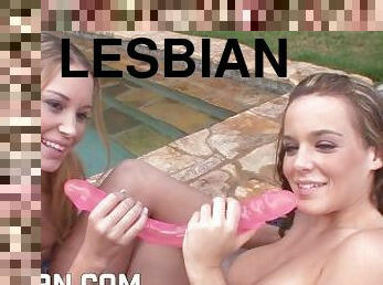 Blonde and brunette lesbian girls enjoy of toys licking their pussies