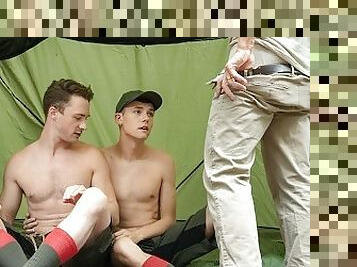 ScoutBoys - Hot hung scout leader barebacks two smooth boys in forest