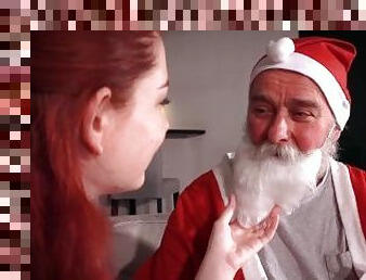 Old Santa has sex with petite teen and fucks her mouth then she swallows his cum