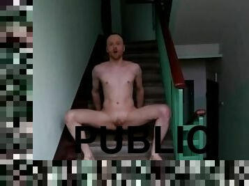 LanaTuls - Full Nude Faggot Slut Riding Big Dildo, Jerking and Cumming on Public Stairs