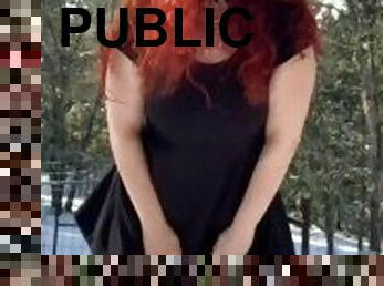 Thick goth redhead flashing in snow