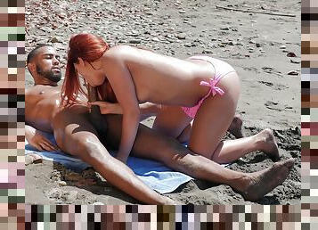 en-plein-air, amateur, babes, fellation-profonde, plage, rousse