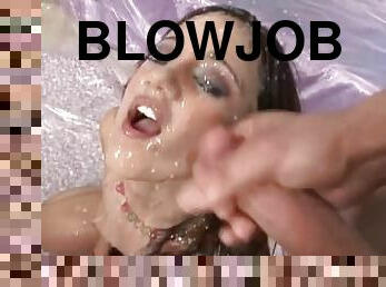 Bukkake cum whore showered with jizz