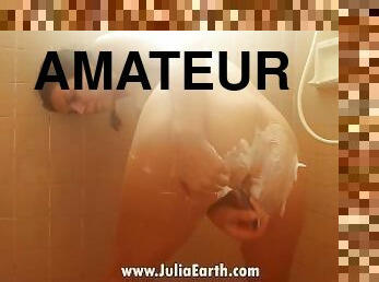 Shaving my sweet pussy with foam. Julia V Earth in bathroom.