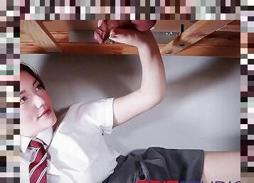 18 Year Old Schoolgirl Makes A Guy Cum At The Milking Table