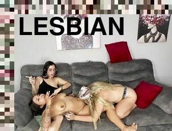 3 Lesbians kissing, licking and smoking in a hot sex time