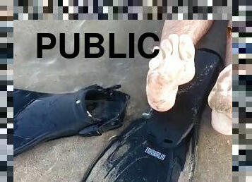 CUM FINS & FLIPPERS - PUBLIC NUDIST BEACH - CUM FEET SOCKS SERIES - MANLYFOOT ???? ???? - EPISODE 3