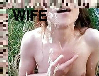 Humiliated submissive sexwife love extreme public pissing to her slutty mouth and all over her body