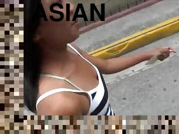Asian cock sucker slut gets her hairy tight pussy fucked