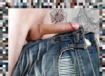 Handsome horny teen jerking off his big cock and cumming on his jeans
