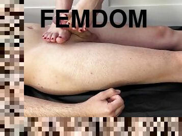 Femdom does an intense footjob on an uncut cock with a massive cumshot on her beatiful feet