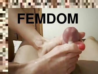 Cum on feet, red toes, footjob