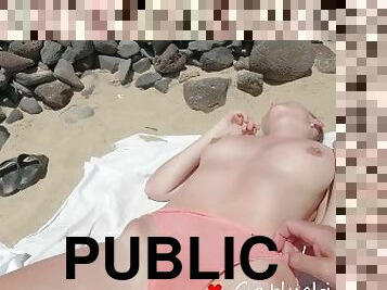 Our Public playing on the Beach, Mutual Masturbation, Pussy Cumshot