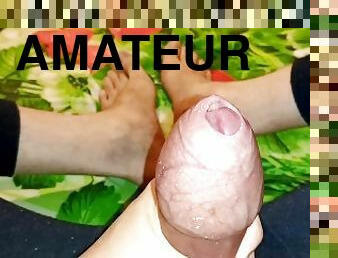 I stroke my excited big cock with a big head and show my legs. Foot fetish
