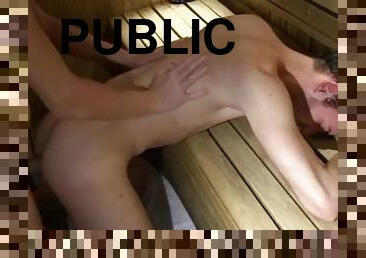 public, énorme-bite, gay, point-de-vue, sauna, minet, réalité, tatouage, bite, dure