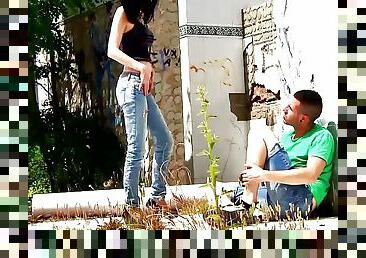 A slim German teen with dark hair gets banged outdoors